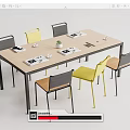Modern Conference Table With Notebooks Cups And Small Potted Plant And Grey Yellow Brown Chairs