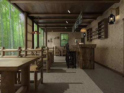 Rustic Cafe Interior With Wooden Furniture Bar Counter Bamboo Forest View And Natural Light 3d model