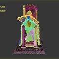 Game Movie Character In Blue Robe Sitting On Ornate Throne With Wide Brimmed Hat