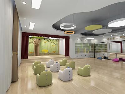 Kindergarten Interior With Green White Seats Wooden Floor Bookshelves Colorful Pendant Lights And Decorative Wall 3d model