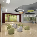 Kindergarten Interior With Green White Seats Wooden Floor Bookshelves Colorful Pendant Lights And Decorative Wall