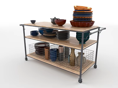 Kitchen Cart With Wooden Shelves And Metal Frame For Dishes Bowls And Vases 3d model