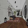 Modern Elevator Hallway With Wooden Flooring Circular Window Green Plant Rug And Black Lanterns