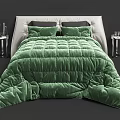 Double Bed with Green Quilted Velvet Bedding Upholstered Headboard and Nightstands with Lamps