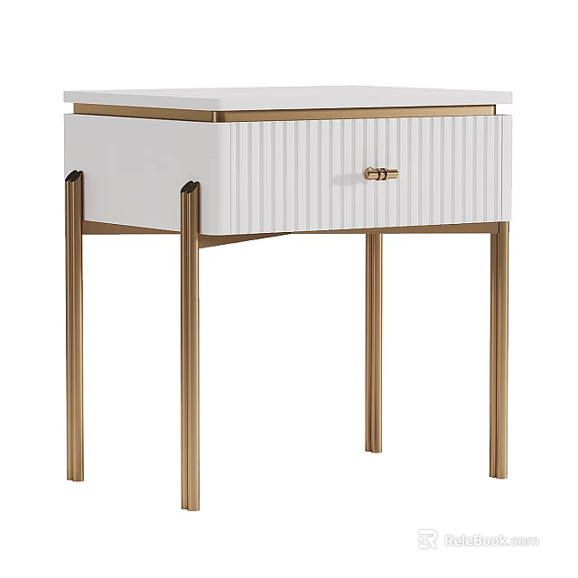 Modern White Bedside Table with Gold Metal Legs and Ribbed Drawer Design for Bedroom 3d model 