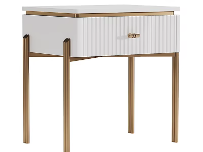 Modern White Bedside Table with Gold Metal Legs and Ribbed Drawer Design for Bedroom 3d model