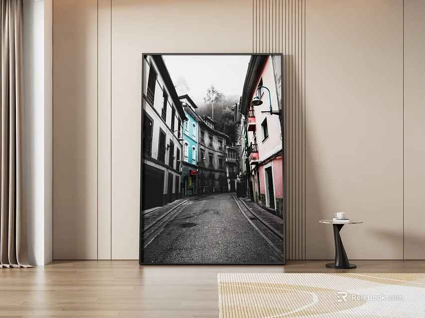 Abstract Painting Featuring Urban Street Scene With Colorful Buildings In Modern Interior 3d model 