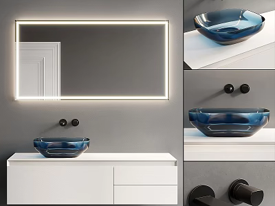 Modern Washbasin Vanity With Blue Glass Basin White Cabinet And Backlit Mirror 3d model