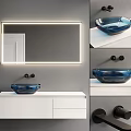 Modern Washbasin Vanity With Blue Glass Basin White Cabinet And Backlit Mirror