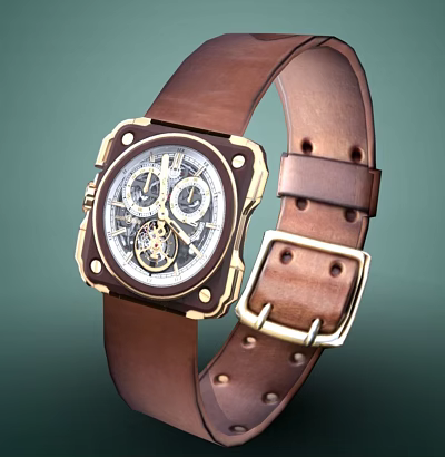 Luxury Mechanical Watch With Brown Leather Strap Square Gold Case Intricate Skeleton Dial 3d model