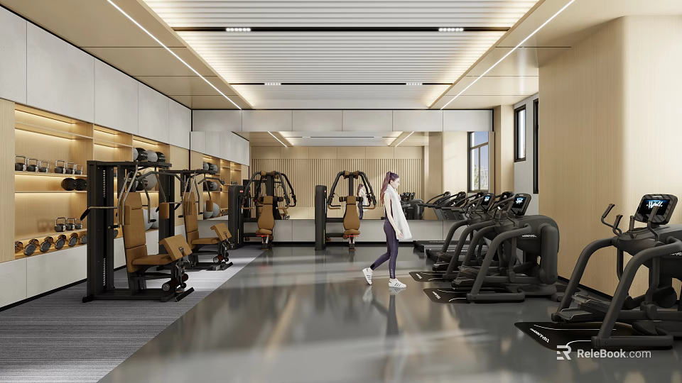 Spacious Modern Gym with Various Fitness Equipment and Person Working Out 3d model 