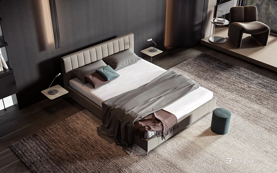 Modern Double Bed With Grey Headboard Pillows Blanket And Nightstands On Rug 3d model 