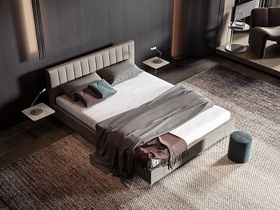 Modern Double Bed With Grey Headboard Pillows Blanket And Nightstands On Rug 3d model