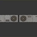 Two Industrial Gray Equipment Units With Warning Signs Metal Casings And Reflective Surface