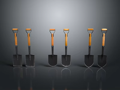Six Shovel Set Arranged With Black Heads Orange Handles On Gray Background And Reflection 3d model
