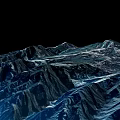 3D Terrain Model of Mountain Landscape with Blue Tones and Black Background