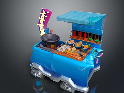 Blue Toy Kitchen Cart With Blue Awning Pan Condiment Bottles And Vegetables 3d model