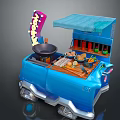 Blue Toy Kitchen Cart With Blue Awning Pan Condiment Bottles And Vegetables