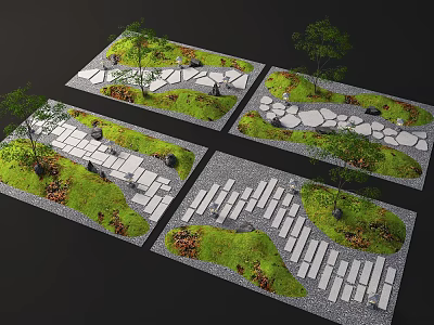 Various Stepping Stone Path Designs With Grass Gravel Trees And Plants 3d model