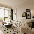 Modern Living Dining Room With White Sofa Black Geometric Rug Decorative Paintings And Green Plant