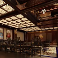 Chinese Style Grand Hall With Wooden Carved Ceiling Symmetric Seats And Floor Pattern Paintings
