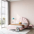 Cozy Pink Shell Shaped Headboard Kids Bed With Stuffed Toys And Blue Pendant Light