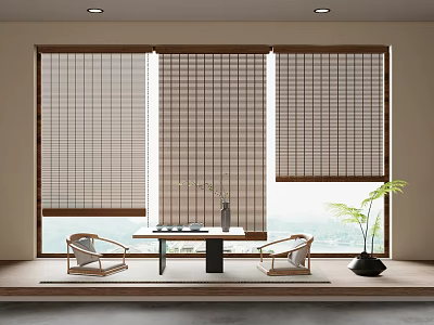 Serene Natural Style Room Interior With Bamboo Blinds Wooden Table Chairs And Green Plant 3d model