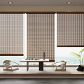 Serene Natural Style Room Interior With Bamboo Blinds Wooden Table Chairs And Green Plant
