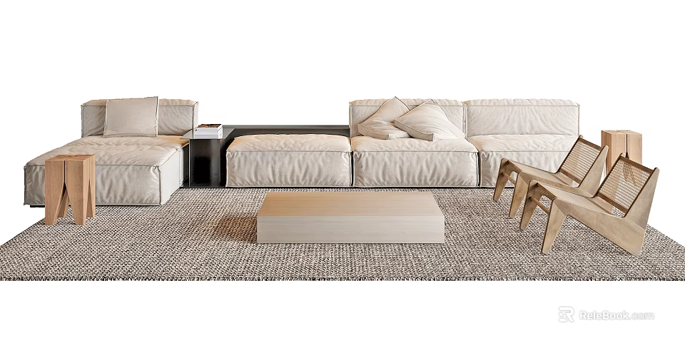 Modern Beige Sofa And Coffee Table Set With Modular Cushions Wooden Legs And Area Rug 3d model 
