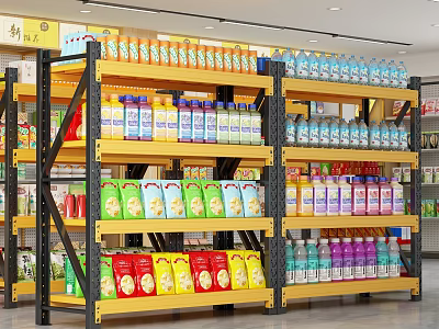 Retail Display Shelves With Multiple Tiers Holding Beverages Snacks And Food Items 3d model