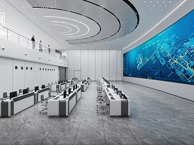 Modern Monitoring Room Interior With Large Display Screen Control Desks and Monitoring Equipment 3d model