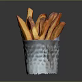 Golden Brown Crispy Fries Served In Hammered Metallic Cup On Dark Background