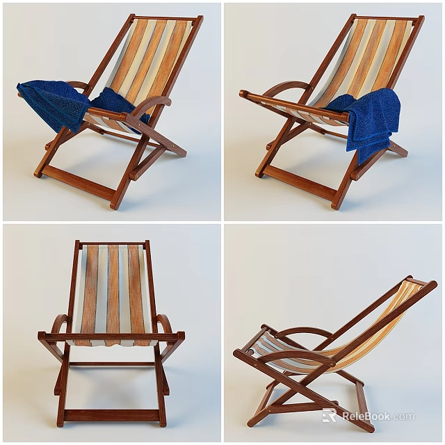 Wooden Deck Chair with Striped Fabric and Blue Towel in Different Angles 3d model 