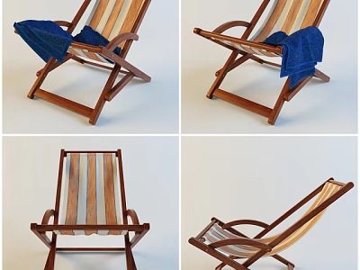 Wooden Deck Chair with Striped Fabric and Blue Towel in Different Angles 3d model