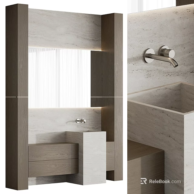 Modern Washbasin Interior Design With Marble Counter Mirror Cabinet And Faucet 3d model 
