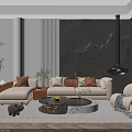 Modern Sofa And Coffee Table Set With Beige Upholstery Orange Pillows Textured Wall And Fireplace