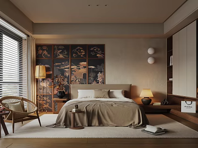 Warm Modern Bedroom Interior Design With Beige Bedding Screen Style Backdrop Blinds And Rattan Chair 3d model