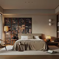Warm Modern Bedroom Interior Design With Beige Bedding Screen Style Backdrop Blinds And Rattan Chair