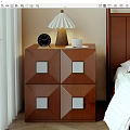 Wooden Bedside Table with Geometric Square Panels Black Clock Table Lamp and White Cup
