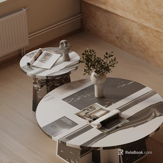 Stylish Sofa Coffee Table Set With Round Tables Magazines Decorative Figurine And Vase 3d model 