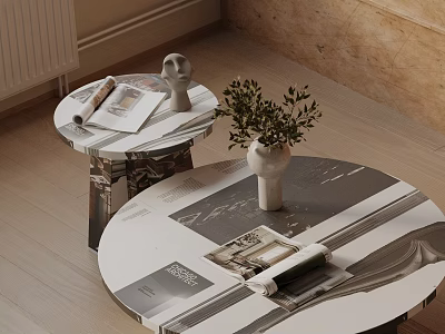 Stylish Sofa Coffee Table Set With Round Tables Magazines Decorative Figurine And Vase 3d model