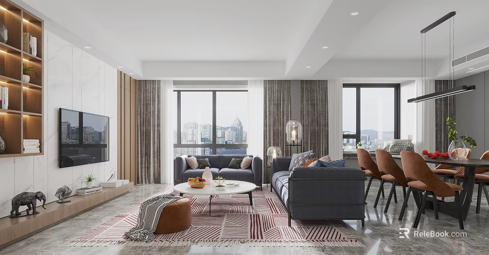 Modern Living Dining Room Interior With Gray Sofa Coffee Table And Large Windows 3d model