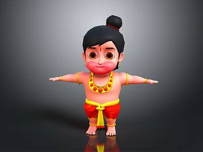 Cute Cartoon Character With Black Bun Hairstyle Golden Necklace Red Shorts And Outstretched Arms 3d model