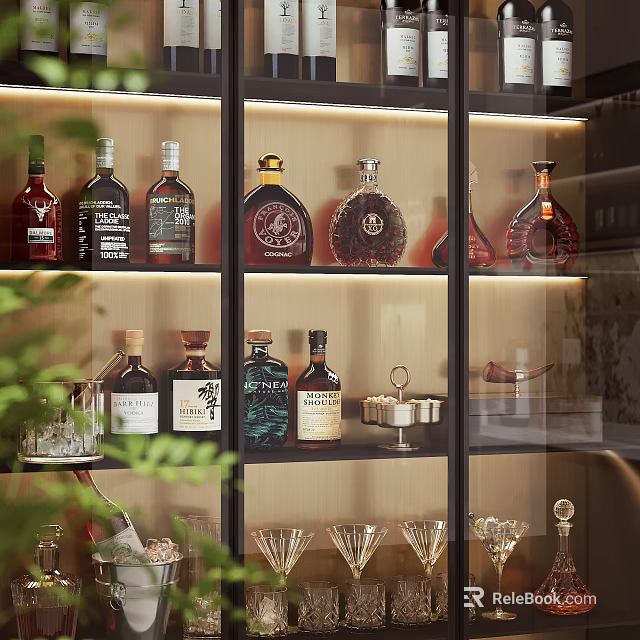 Wine Bottles And Crystal Glasses Display In Stylish Glass Cabinet With Warm Lighting 3d model 