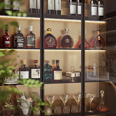 Wine Bottles And Crystal Glasses Display In Stylish Glass Cabinet With Warm Lighting 3d model