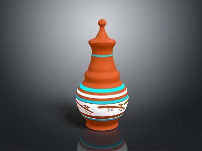 Orange Decorative Vase with Blue White Stripes and Intricate Patterns for Fresh Flowers 3d model