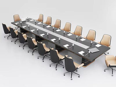 Long Rectangular Black Conference Table With Beige Black Chairs And Notebooks In Office 3d model