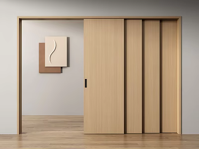 Modern Interior With Light Wooden Sliding Doors Brown And Beige Wall Art Decor 3d model