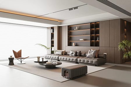 Modern Italian Home Living Room Sofa Coffee Table Combination Decorative Cabinet Bookcase Leather Sofa Without Main Light Living Room Sofa Background Wall 3d model