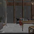 Serene Hotel Lounge Area With Wooden Table Potted Bamboo And Soft Lighting
